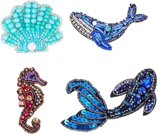 4 Stuks Oceaan Dieren Geborduurde Strass Applicaties voor DIY Craft - Zeester, Schelp en Meer voor Jurk, Kostuum, Jeans en Tas Decoratie