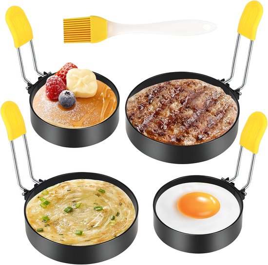 4 stuks spiegelei-vorm, pannenkoekenvorm, spiegeleiervormen voor de pan, omeletten met siliconen klappende handgrepen en oliepenseel, roestvrij staal eierringen, omeletvorm voor