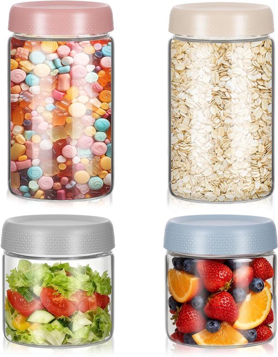 4 x Glazen Overnight Oatmeal Potten met Deksel en Lepel, 600ml/300ml - Ideaal voor Yoghurt, Salades en Jam van Merkloos