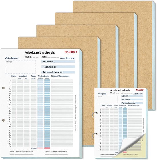 5 boeken, urenboek voor werk, A4, werktijdregistratie, blok voor 31 dagen, uurbewijs, maandelijks met rugkarton, werktijdregistratie, boek, uurlijst voor minijob, volledige tijd, 2 x 50 vellen, wit