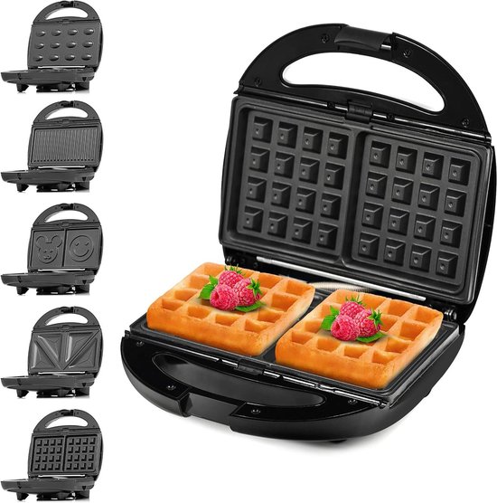 5-in-1 Keukenapparaat - Tosti en Wafelijzer - Snelle Snacks Maken - Vijf Verwisselbare Platen - 800 Watt - Zwart Zilver