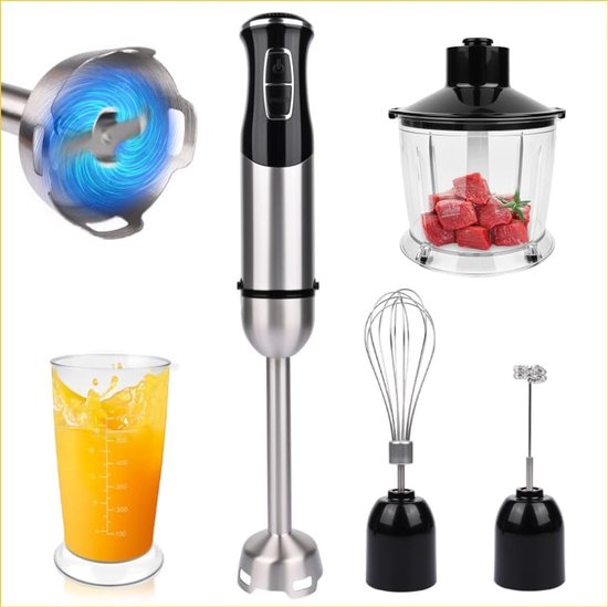 5-in-1 multifunctionele staafmixer, 1000 W, 21 versnellingen, met hakmolen, 800 ml en 600 ml maatbeker, garde, melkopschuimstaaf, mixer, BPA-vrij