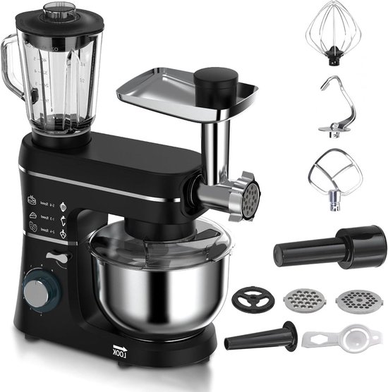5-in-1 multifunctionele staande mixer, 1400W, 6 snelheden, kantelbare kop, vleesmolen, 10L roestvrijstalen kom, met deeghaak, mengklopper, garde, 1,5L sapbeker black