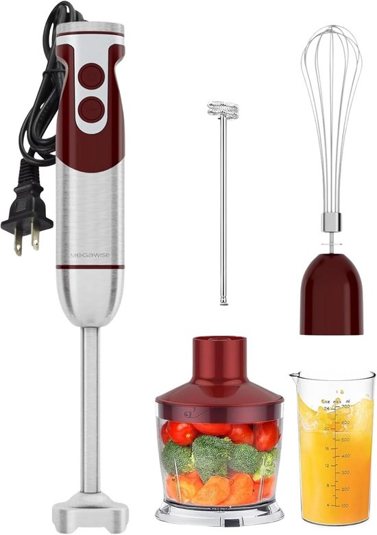 5-in-1 Staafmixerset met Hakmolen, Garde, Melkopschuimer en Beker - 400W Variabele Snelheid