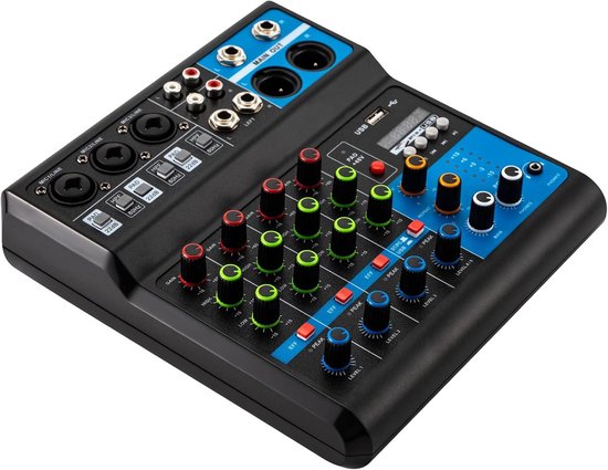 5-kanaals bluetooth-mixer, ingang 48 V fantoomvoeding, USB-MP3-stereo-live-DJ-studio-streaming voor opnames, live streaming, podcasting