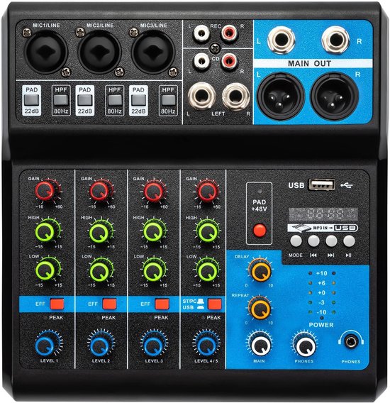 5-kanaals mengpaneel, draagbaar soundboard-console-systeem met Bluetooth 5.0 en USB, 48 V fantoomstroom, voor thuisstudio, karaoke, live optredens, podcast en opname