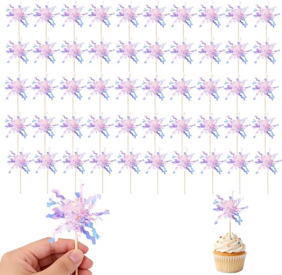 50 Stuks Happy Birthday Cupcaketoppers - Folie Vuurwerk Taartdecoratie - Sprankelende Ster Klatergoud Toppers Voor Verjaardagsfeest, Bruiloft, Jubileum, 7x14 cm, Roze