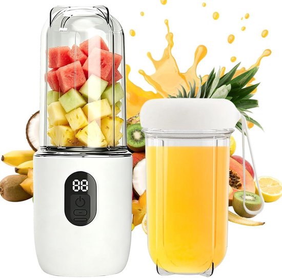 500 ml draagbare mixer, draagbare blender met digitaal display, mini-blender smoothie met 16 messen, 2 bekers, USB-oplaadbaar, mini-mixer voor smoothies, milkshakes, vruchtensappen