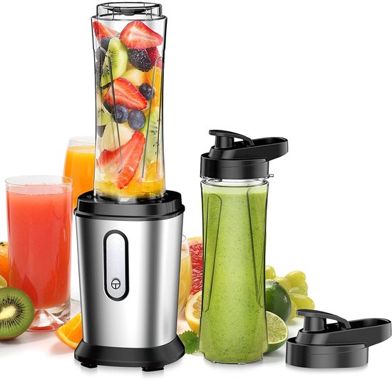 500 W mini-blender & smoothiemaker met 2 x 600 ml flessen, BPA-vrij Tritan, draagbare mixer, smoothiemaker van roestvrij staal, 4 bladen, voor shake, smoothie, zilver