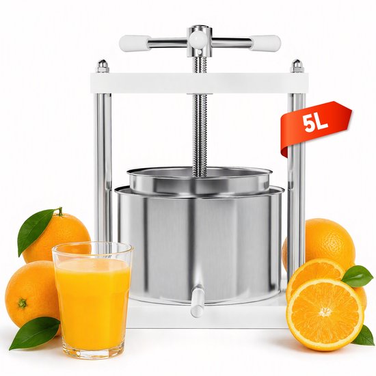 5L Handmatige Fruitpers – Appelsap, Druivensap & Groentesap – RVS Persmand, Eenvoudig Schoon te Maken, Zilver