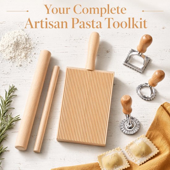 6-delige handmatige pastamachine, gereedschapsset voor het maken van pasta, gnocchiplank, praktische accessoires met ravioli-stempel, uitsteekvormpjes, deegrollers, gnocchiplank, deegsnijder
