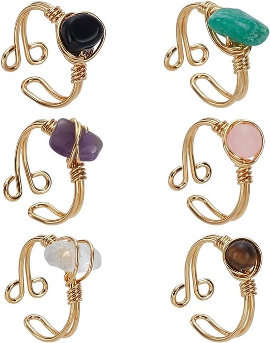 6-delige Verstelbare Gouden Gevlochten Ringen met Genezende Kristallen en Irregulaire Edelstenen zoals Zwarte Agaat, Rozenkwarts en Amethist van Merkloos