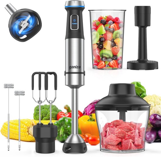 6-in-1 Staafmixer met 15 Snelheden, Roestvrij Staal, Inclusief 800 ml Mengbeker en 600 ml Hakmolen van Merkloos