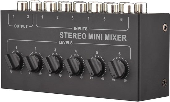 6-kanaals passieve stereo-mixer, RCA audio-mixer, 6 ingangen 2 uitgangen stereo-distributor, volumeregeling, geen batterij vereist
