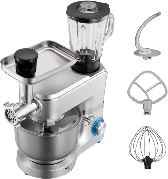 6 L Elektrische Keukenmixer met Een Vermogen van 1500 W, Kantelbaar Ontwerp, 6+P Snelheden, Inclusief 1,5 L Blenderbeker, Roestvrijstalen Kom, Deeghaak, Garde en Klopper voor Bakken en Mixen, Zilver van Merkloos
