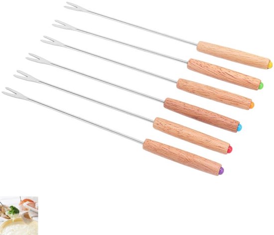 6 stuks - roestvrijstalen fonduevorken - lange fondue prikkers - met houten handvat - ideaal voor chocoladefontein, kaasfondue, geroosterde marshmallows en fruit - 24cm