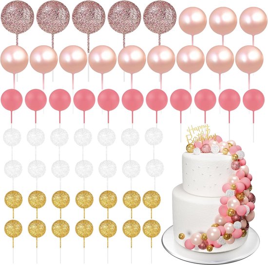 60 stuks, taarttoppers, mini-ballonnen, verjaardag, feest, babyshower (glitter roze-goud-wit)
