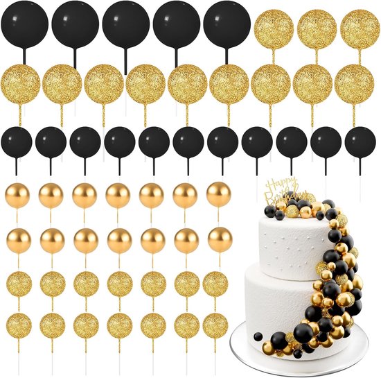 60 stuks, taarttoppers, mini-ballonnen, verjaardag, feest, babyshower (Glitter Zwart-Goud)