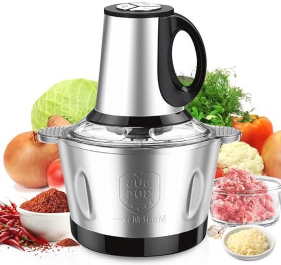 600 W Mini Food Chopper met 2 L RVS Kom - Drie Snelheden voor Keuken, Babyvoeding en Dierenvoeding van Merkloos
