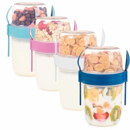 650 ml take-go fruitmueslicontainer met lepel picknick werk yoghurt melkbeker ontbijtglazen met deksel en lepel, muesli-topper havermout muesli (set van 4) van Merkloos
