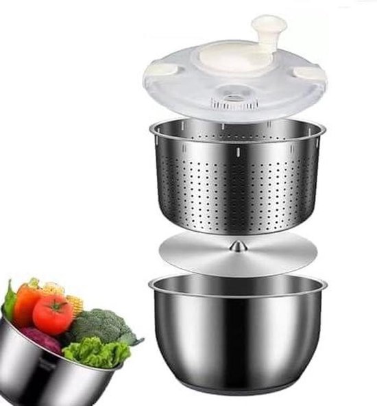 6L roestvrijstalen salade centrifuge, multifunctionele voedselspinner met PP-deksel voor fruit, groenten, pasta en friet