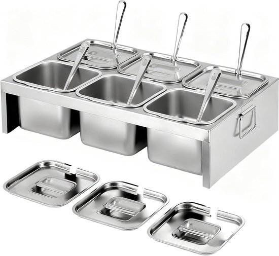 6x2L RVS ingredientencontainers met deksels en lepels, 6-compartimenten pizza toppings station voor ingrediënten en bereidingen, ideaal voor keuken en catering van Merkloos