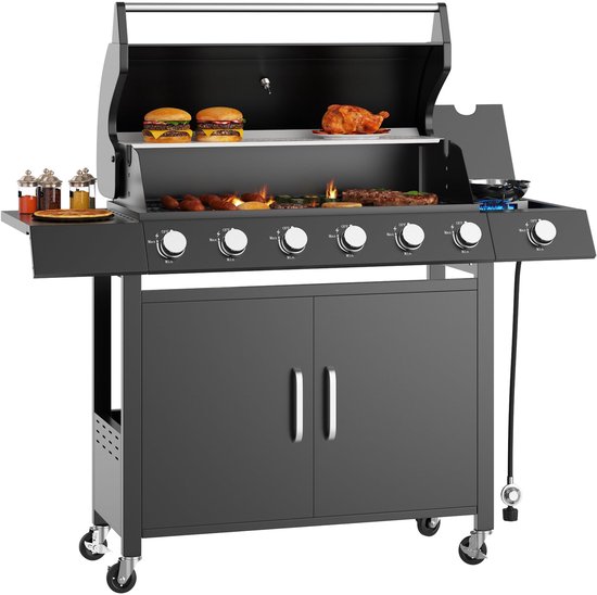 7-Brander Propane Gas Grill – 60.000 BTU Buiten BBQ met Zijbrander, 6 Hoofdbranders + 1 Zijbrander (12.000 BTU), RVS + IJzeren Constructie, Inclusief Warmhoudrek & Opbergkast – Geschikt voor 8–10 Personen