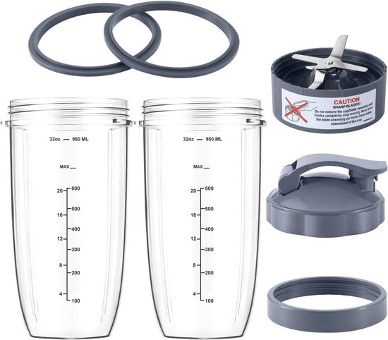7-delige blender accessoiresset - Mengbeker – Inclusief 1 klapdeksel, 1 dekselring en hoogwaardig extractiemes – Compatibel met NutriBullet 600W/900W-blenders – 32 oz – Kunststof – Zwart van Merkloos