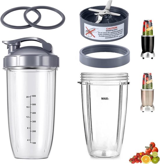 7-delige Blender Cups en Vervangingsset voor Extractor Blades - 32oz Grote Bekers met Flip-Top To-Go Deksel en Lidring, Geschikt voor 600W/900W Mixers