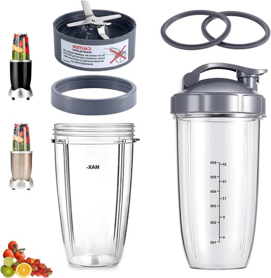 7-delige Blender Cups en Vervangset met 32oz Grote Bekers, Flip-Top To-Go Deksel en Premium Extractor Blade voor 600W/900W Mixers