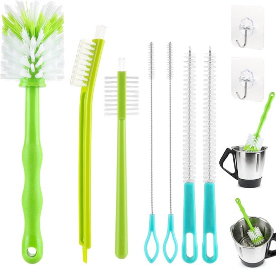 7-delige reinigingsborstel voor Thermomix TM31, TM5, TM6, TM21, multifunctionele afwasborstel met 2 haken en 1 netzak voor mixpot, mixpotmes, flessen, kopjes