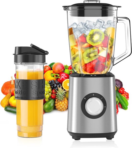 700W Blender met 1,5L Glazen Container en Reisbeker - Smoothiemaker voor Shakes, Smoothies en Sauzen van Merkloos