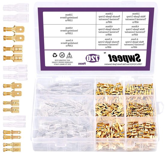 720 Stuks Gouden Spade Connectoren voor Elektrische Bedrading - 2.8/4.8/6.3mm Male en Female Crimp Terminals met Isolerende Huls Assortiment Kit