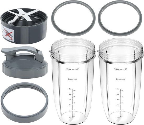 8-delige Set Vervangende Blenderbekers en Mesjes, 945ml Grote Beker met Flip Top Deksel, Inclusief Rubber O-ringen en Borstel voor Blender 600W/900W Modellen