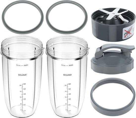 8-delige vervangingsset voor blenderbekers en messen, 945ml grote beker met flip-top deksel, inclusief deksels, rubberen ringen en borstel, geschikt voor 600W/900W modellen