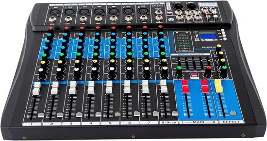 8-kanaals Bluetooth stereo mengconsole met AUX, XLR, USB, Bluetooth-audio-interface, opname-mixer, live streaming