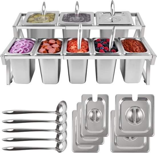 8 Pans Pizza Topping Station - Verstelbare Pizza Opslagcontainer met Deksel voor Sauzen, Jam en Fruit - Perfect voor Restaurants en Buffetten