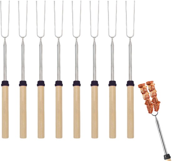 8-stuks Hotpot vorkenset - Hotpot vork - BBQ vork - Roestvrijstalen vork - Kaasfondue vork - Telescopische vork - 31-81 cm - Houten handvat - Geschikt voor het roosteren van marshmallows, hotdogs, worstjes, groenten, enz. - Houtkleur