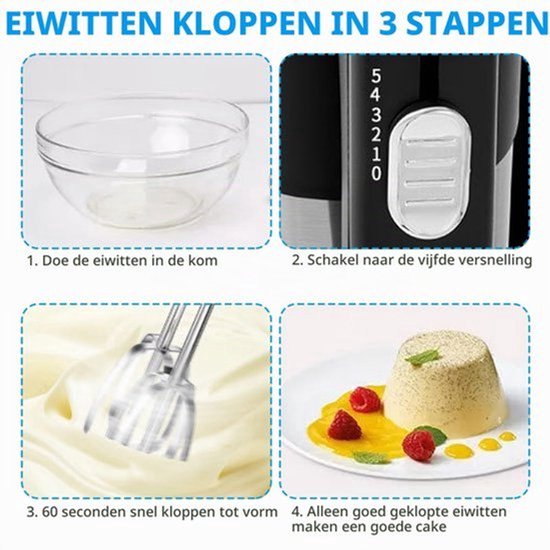 800W Elektrische keukenmixer, 5 snelheden, uitwerpknop, keukenmixer met 2 knederhaken en 2 gardes voor roomtaarten