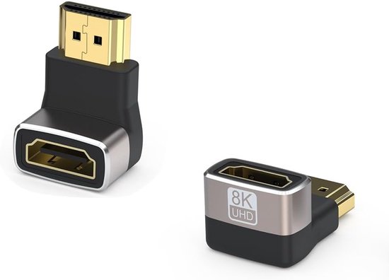 8K HDMI haakse stekker, 2 stuks, 90 graden HDMI 2.1 adapterset stekker op bus, ondersteunt 8K @60Hz 4K @120Hz, 48Gbps High Speed, eARC HDR Dolby Vision voor HDTV, PS5, Xbox, pc, monitor, beamer