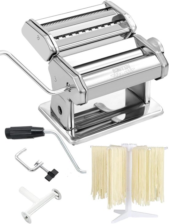 9 Adjustable Thickness Settings 2-in-1 Noodle Maker Dumpling Machine Set with Rolling Pin, Cutter, and Drying Rack Attachment van Fette Pasta