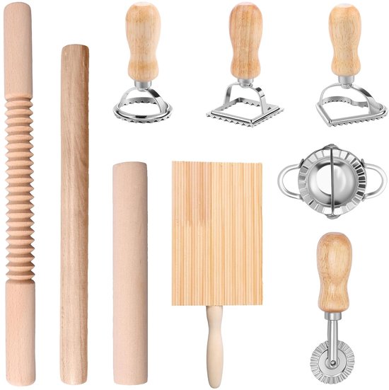 9-delige pasta-set, pastaset, ravioli-uitsteekvormpjes en gnocchi-plank