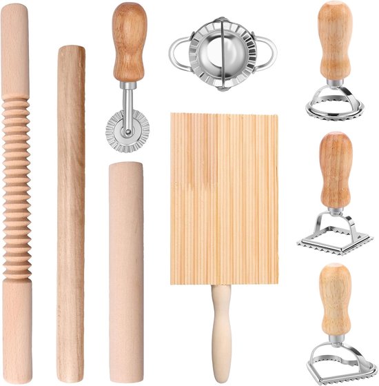 9 stuks pastaproductieset, efficiënte pastamachine set met ravioli-stempel, uitsteekvormpjes, deegrollers, gnocchiplank, deegsnijder, knoedelmaker, praktische accessoires voor het maken van pasta