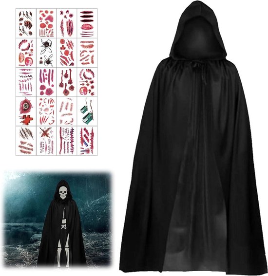 90 cm zwarte cape met capuchon - Vampierkostuumset voor Halloween met 20 tatoeages van Merkloos