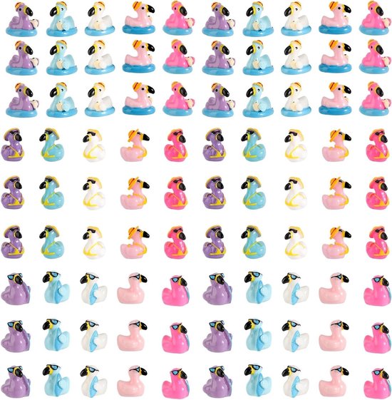 90 Stuks Mini Flamingo Hars Eendjes voor Zomer Decoratie, Zwemringen, Bikinis en Surfplanken voor Tuin en Poppenhuis DIY Creaties