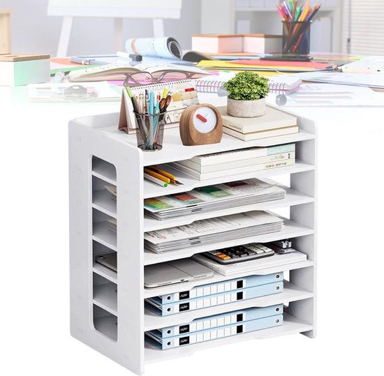 A4 Brieforganizer voor Bureau - Opbergrek voor Papier, Pennen, Boeken en Documenten met 7 Vakken (Wit)