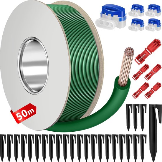 Accessoire Set, 50m Begrenzingskabel met 25 Grondpennen, 5 Kabelverbinders, 5 Aansluitklemmen, Universeel Compatibel met Husqvarna, Gardena, Bosch, Yardforce, Worx