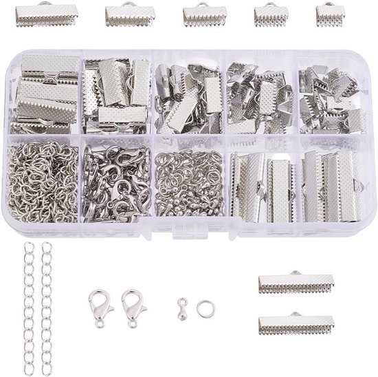 Accessoire Set voor Sieraden Maken - IJzeren Lint Eindstukken, Kreeftsluitingen, Verbindingsringen en Torsie-Extensies in Platina Kleur