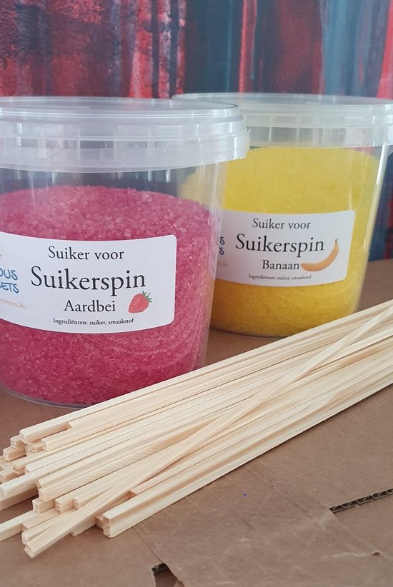 Accessoire voor suikerspinmachine - Suikerspinsuiker banaan (600 gram) en aardbei (600 gram) - Incl 50 stokjes