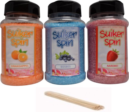 Accessoire voor suikerspinmachine - Suikerspinsuiker fruitmix 2 - 3 x pot á 400 gram - incl. ± 100 stokjes